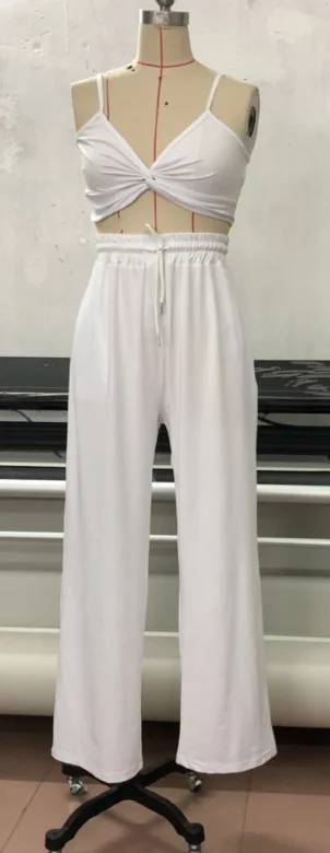 

57# Casual Women's Set Solid Color Sexy Sleeveless Bra Crop Top Wide Leg Long Pants Set 2021 Summer Streetwear Rompers Outfits