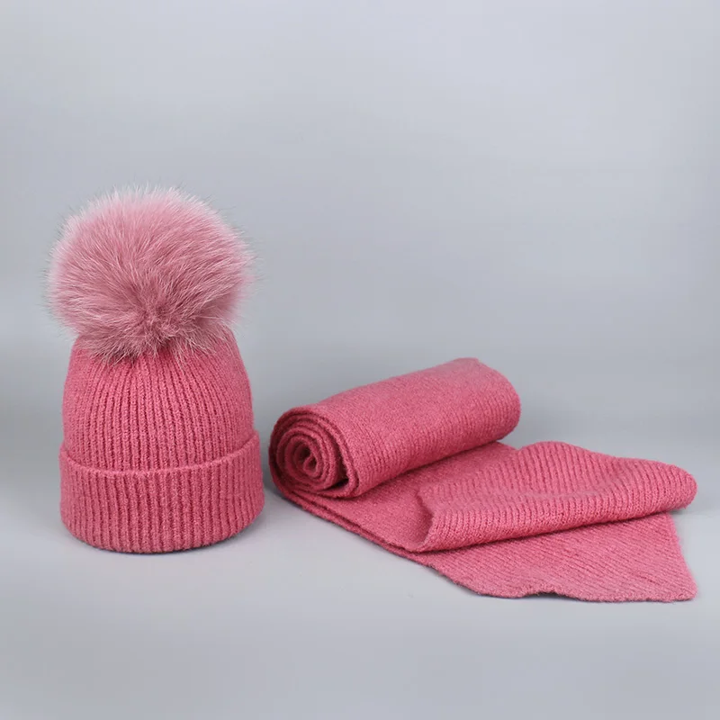 Parent-child Wool Knitted Scarf Hat Set With Real Fox Fur Pompons Women Girls Winter Warm Thick Crochet Hat Scarf 2 Pieces Sets - Color: E