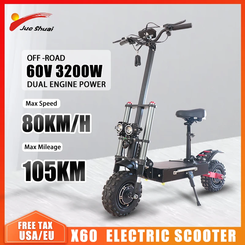 Günstig Ce Zertifizierung Elektrische Tretroller 52V1600W Dual Motor Faltbare 80KM/H 11'' Off-road Reifen EScooter EU Lager