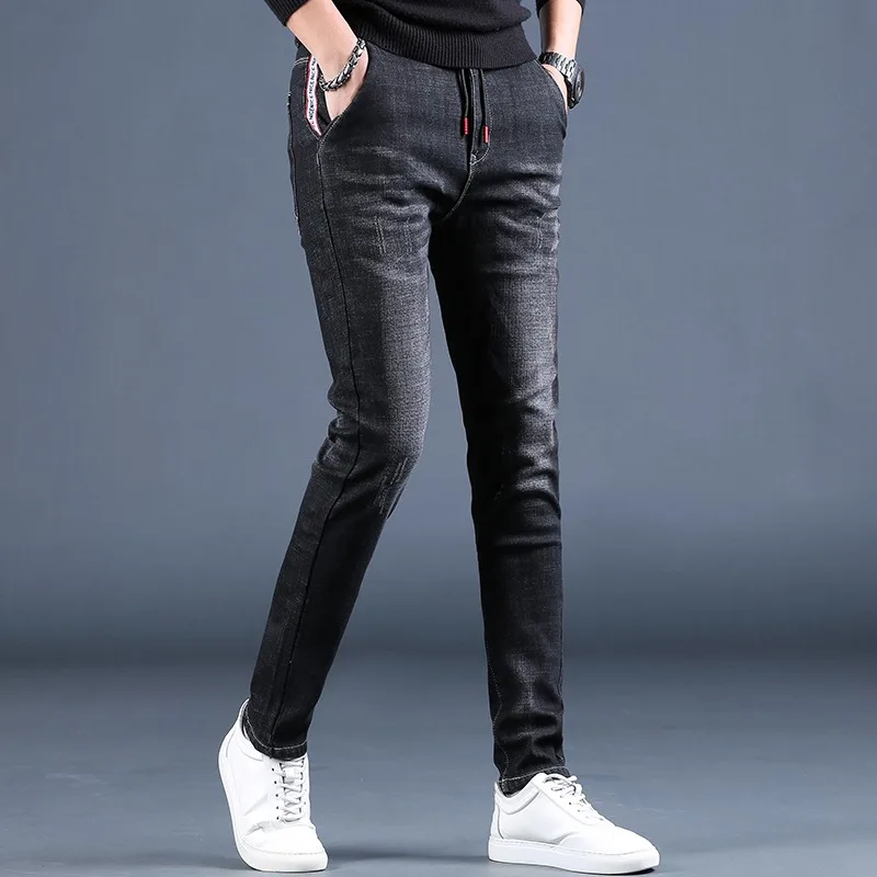 Winter Men Fleece Jeans Casual Pants pantalones hombre Black Slim Fit Jean Fashion Warm Clothing Mens Classic Denim Trousers