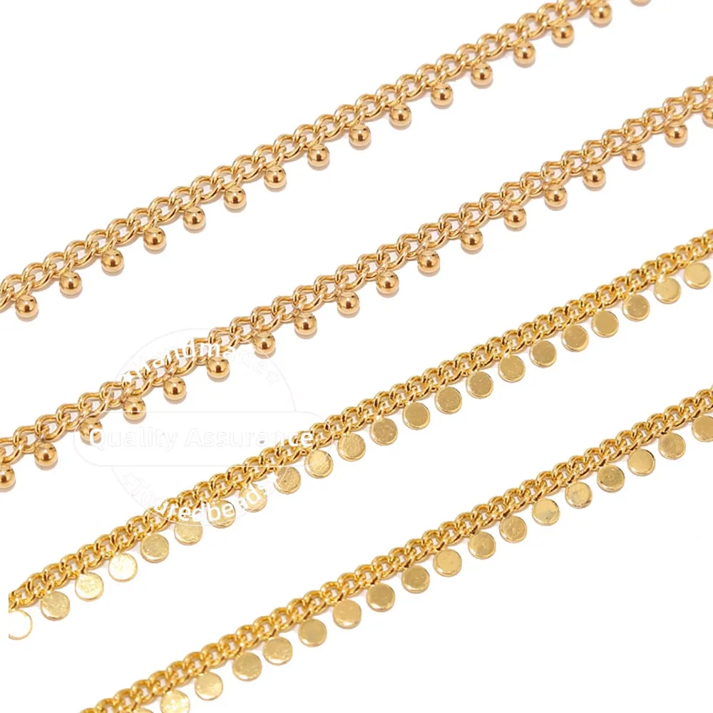 1 Meter Stainless Steel Gold Curb Link Chains with Ball Drop Disc Handmade Beaded Chain for DIY Jewelry Necklace Supplies