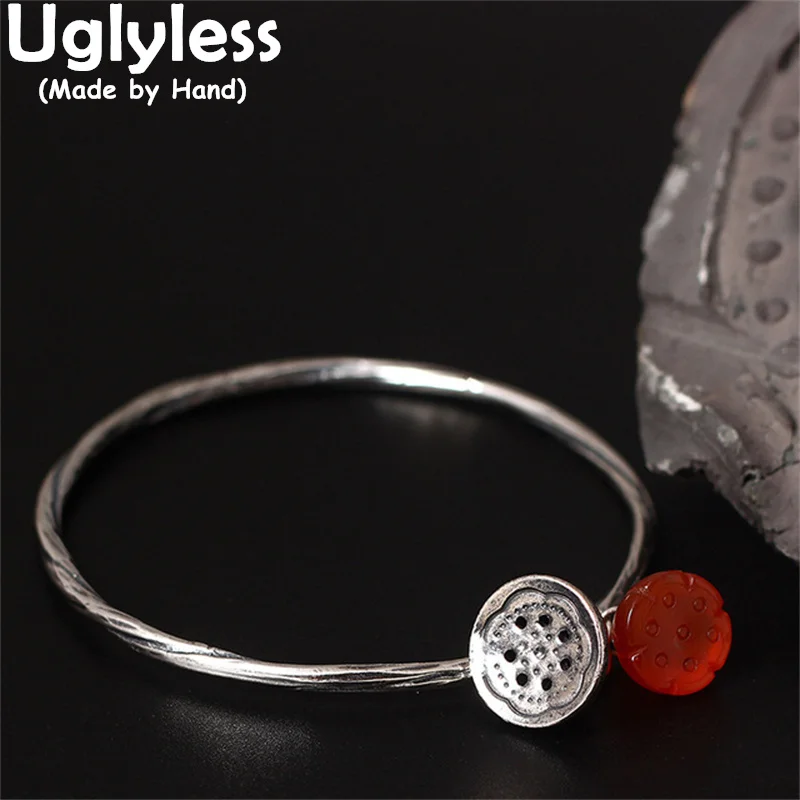 

Uglyless Genuine S 925 Sterling Silver Women Ethnic Handmade Lotus Charm Bangles Natural Agate Fine Jewelry Exotic Bangle Bijoux