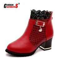 cuculus autumn winter new lace fashion high heels women shoes woman boots ankle casual ladies boot metal rhinestone red 1037