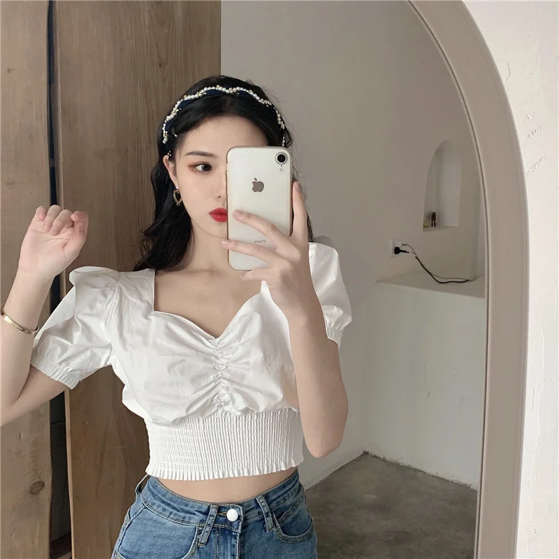 

2021summer New Puff Sleeve V-neck Short Navel Clavicle Top Shirt for Women Scheming Design Niche