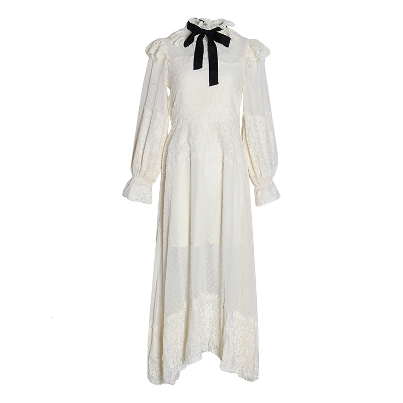 Перспективное лоскутное Сетчатое платье для женщин со стоячим воротником и рукавами-фонариками, с высокой талией, на шнуровке, платья для женщин, новая одежда X629