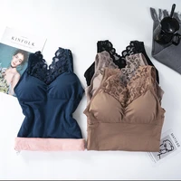 women warm slim tank top plus velvet thermal underwear sexy lace v neck crop top thermo lingerie with gathered padded bra