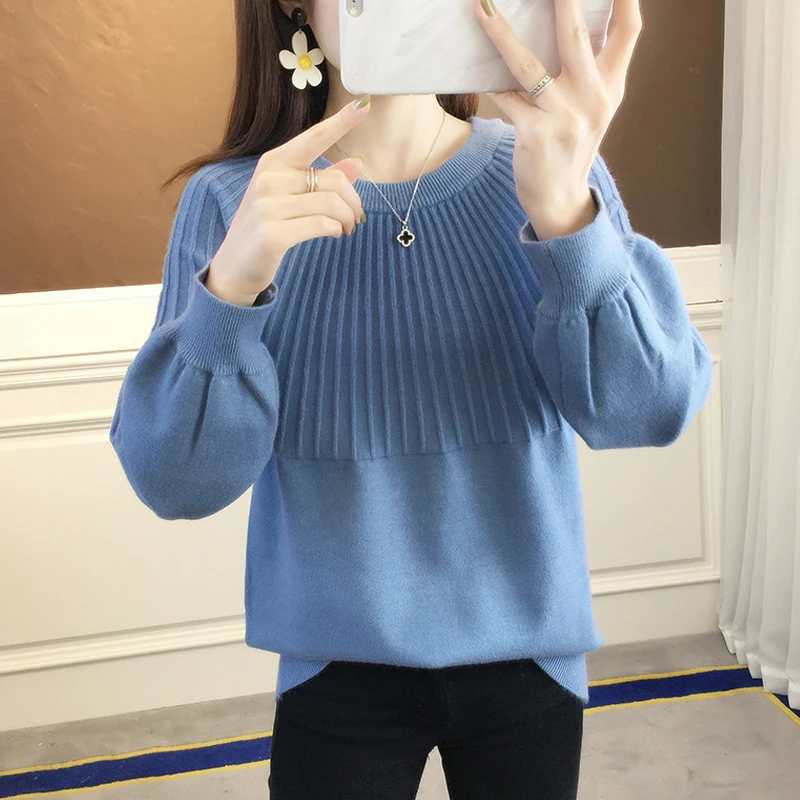 

O-Neck Fad Autumn Spring Woman's Knit Sweater Lantern Sleeve Solid Ladies Pullovers Basic Casual Female Jumper for Outwear