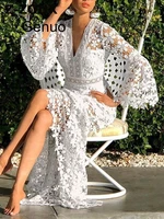 women dresses lace dress flare sleeve v neck hollow out long sleeve white sexy long dresses party evening