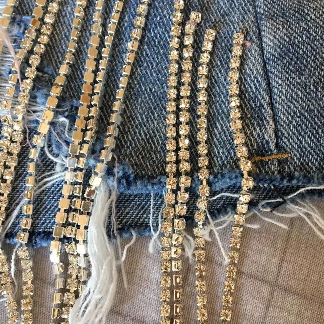 

2021 Summer European Style High Quality Diamond Tassels Denim Shorts Woman Fashion High Waist Jeans Shorts