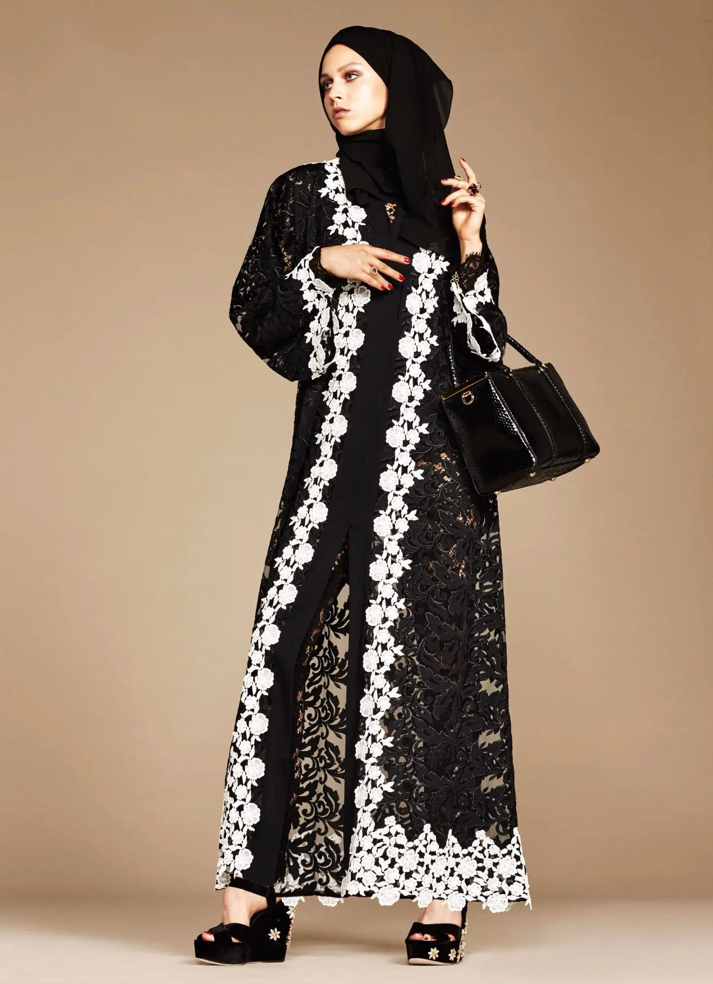 

Black Lace Stitched White Lace Dubai Islamic Turkish Cardigan