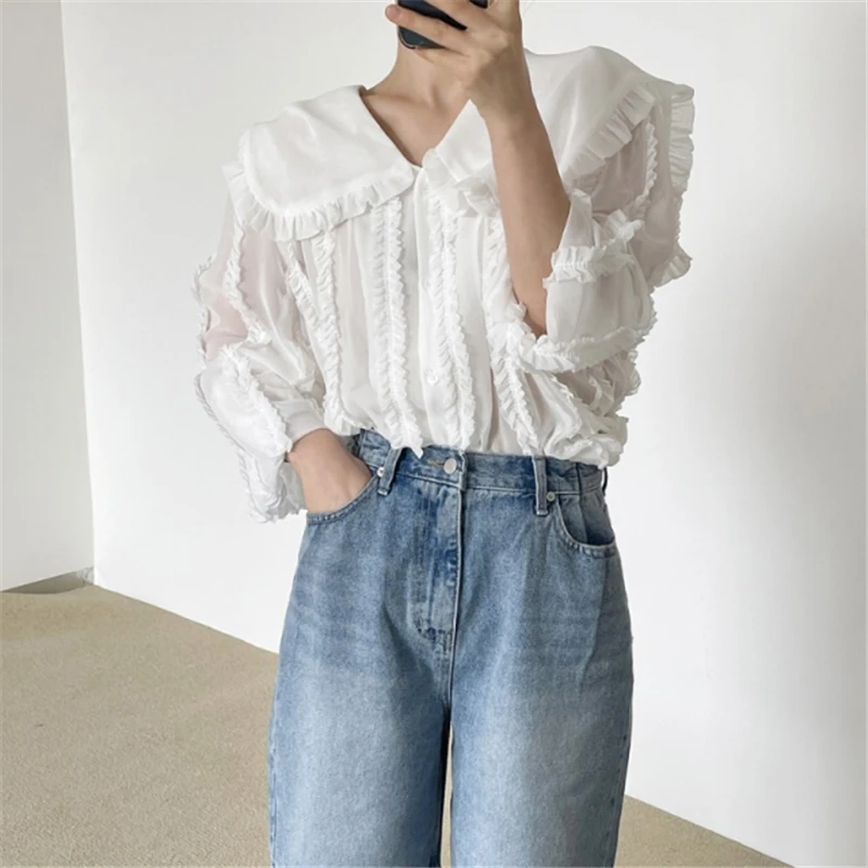 

New 2021 Ladies Edible Tree Fungus Patchwork Blouse Sexy Womens Loose Chic Button Peter Pen Collar Solid Shirt Femme Blusas