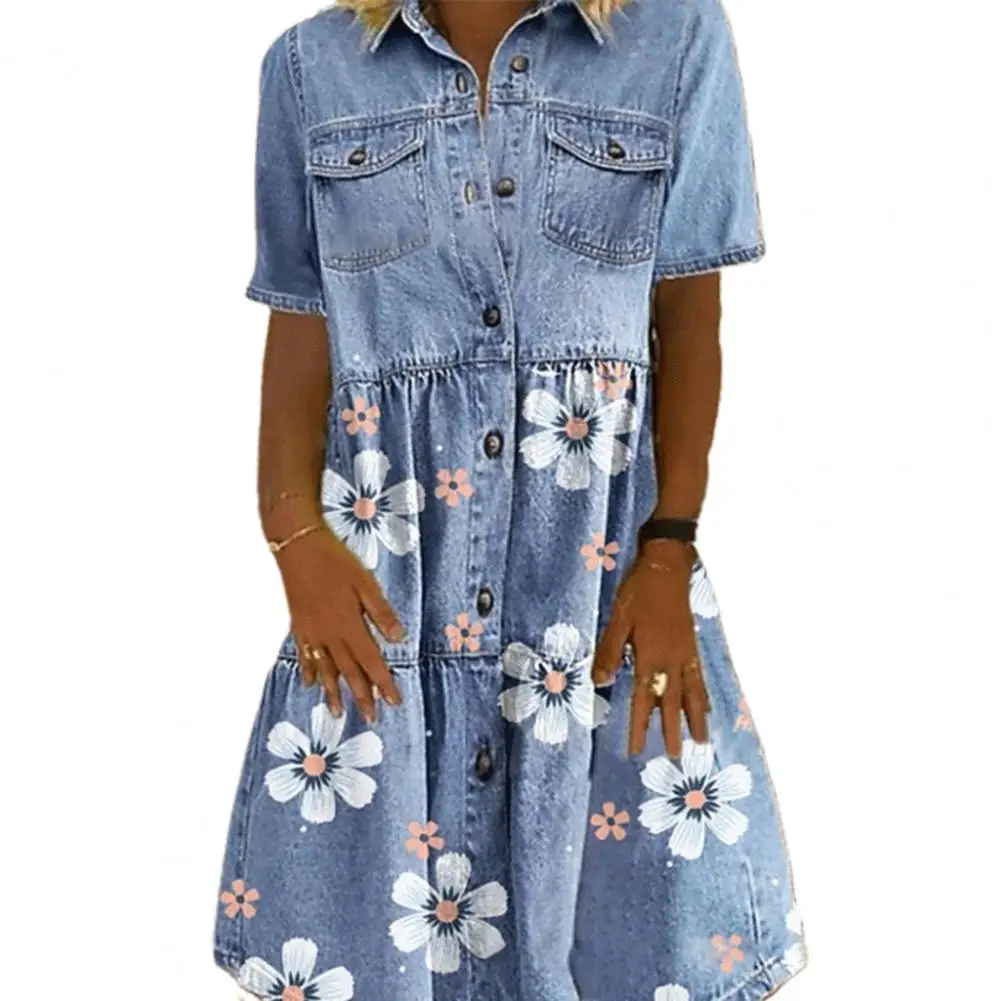 

European and American Vintage Women Dress Short Sleeve Single-breasted Pockets Floral Print Loose Denim Dress for Office