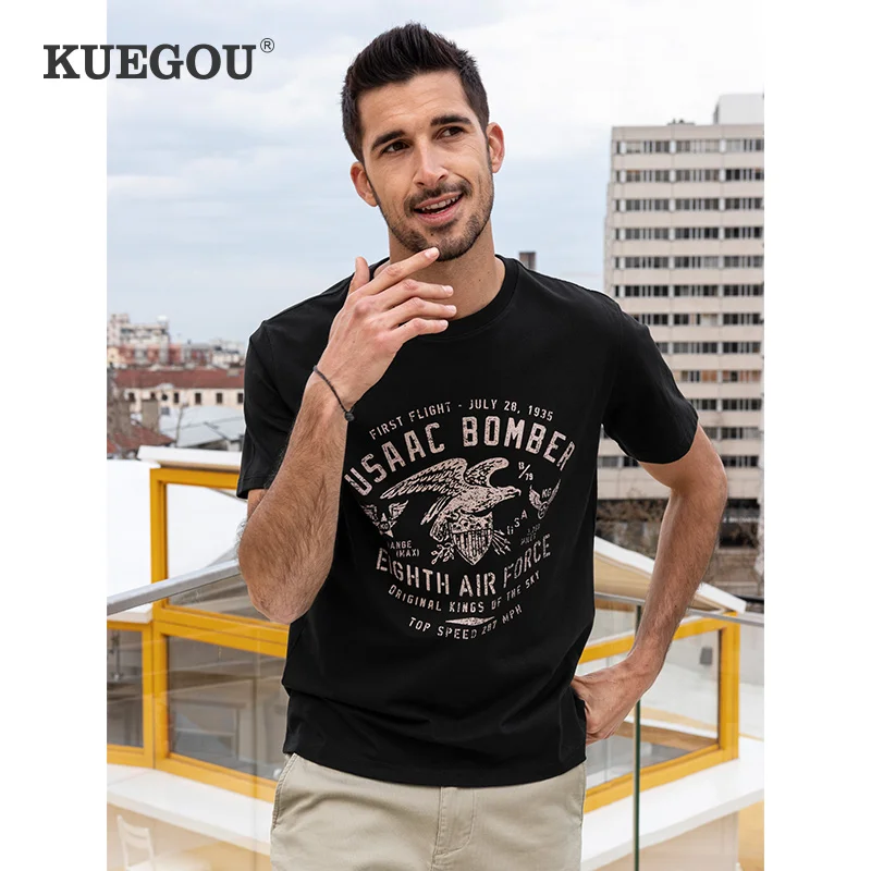 

Мужская хлопковая футболка KUEGOU, черная летняя футболка с коротким рукавом, с принтом, большие размеры, 100%, ZT-90074