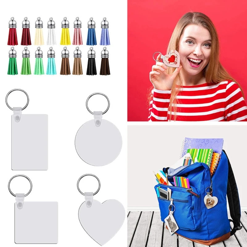 

32Pc Sublimation Blank Keychain Double-Side Printed Transfer Keychain DIY MDF Blank Keychain with 32Pc PU Leather Tassel