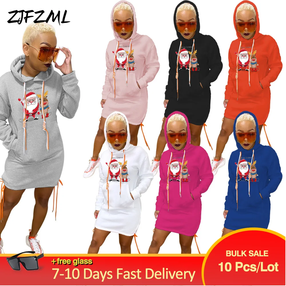 

Wholesale Bulk Items Lots Casual Women Sweatshirt Bodycon Mini Dresses Christmas Santa Claus Print Drawstring Hooded Vestido