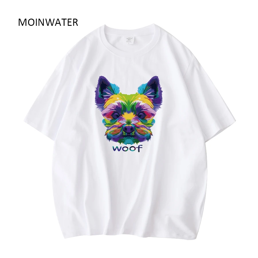 

MOINWATER Футболка женская с принтом собаки, хлопковая рубашка с коротким рукавом, яркая, цвет белый/зеленый, летний, MT21047