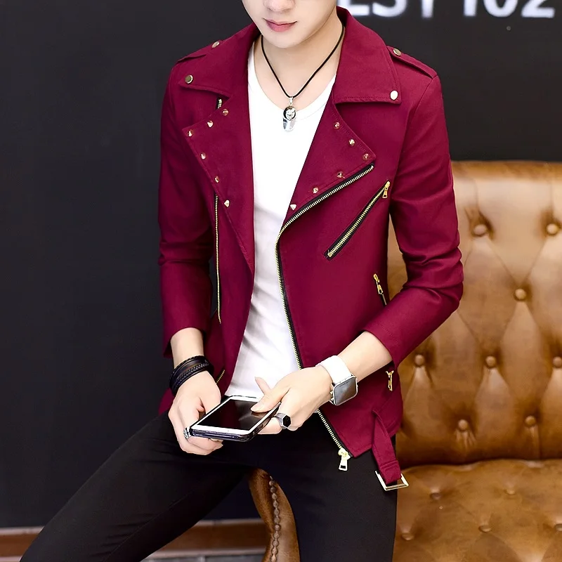 

2020 Men's Cool Lapel Jacket Youth Handsome Diagonal Zipper Riveting Nail Jacket