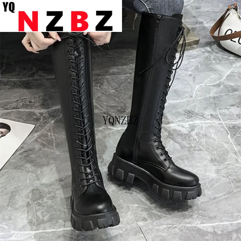 

Autumn Women's Knee-length Boots 2021 Fashion Lace-up High Boots Comfortable Non-slip Platform Boots PU Leather Botas Mujer