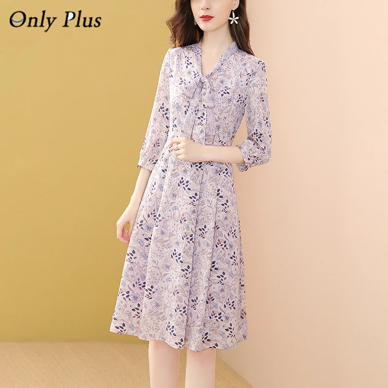 

EVNISI Floral Chiffon Purple Dress For Women Autumn Bow Lace Slim Elegant Vestidos V-neck Beach Holiday Party Dresses