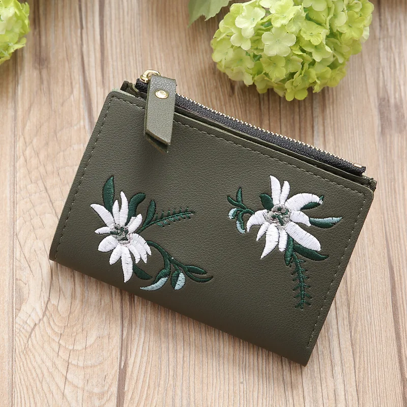 

2021 New Embroidery Flower Women Wallets and Purse Cute Students Zipper Wallet Small Leather Wallet Card Holder Coin Money Bag