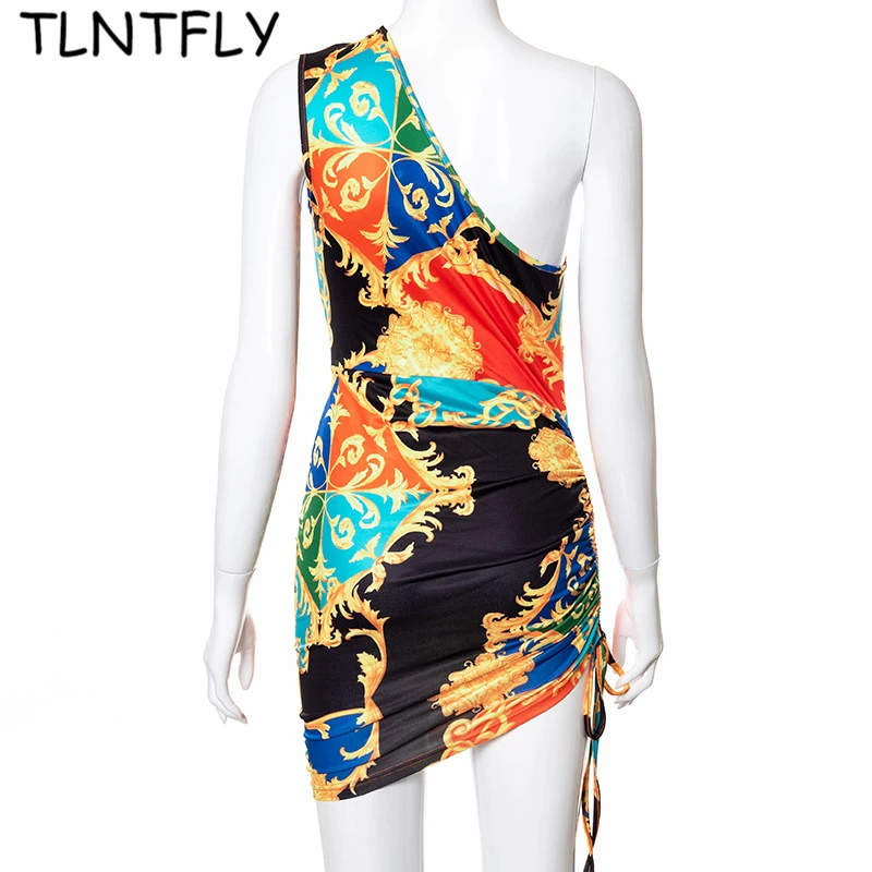 

Beach Dress Women's Summer Fashion 2021 Sexy Party Prom Print Pleated Miniskirt One-Shoulder Hollow Tight Skirt Evening Dresses