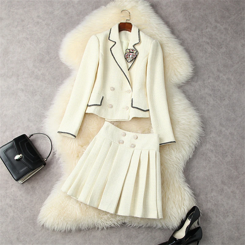 

Runway Fashion Winter Tweed Dress Set Elegant Women's Full Sleeve Woolen Jacket Skirt Suit 2 Piece Clothes Office Lady Outfit