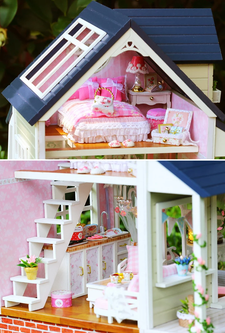 Muñeca casa miniatura DIY casa de muñecas con muebles de casa de madera juguetes para niños Regalo de Cumpleaños A066