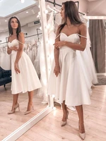 sexy short satin wedding dresses a line off the shoulder pearls ruched corset bridal gowns tea length robe de mariee