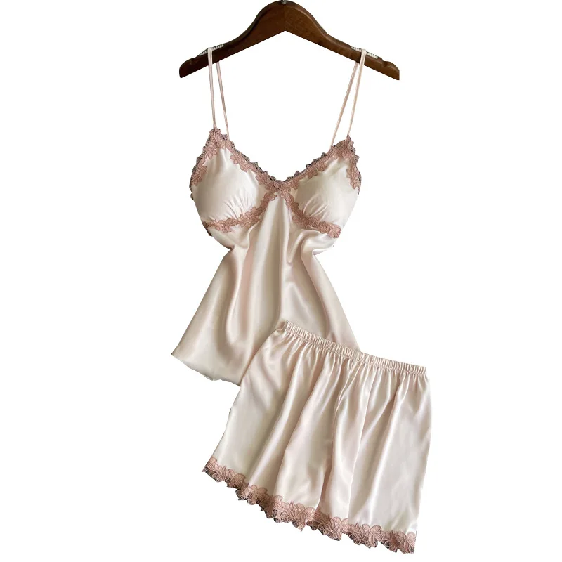 

Sexy 2PCS Lace Pajamas Set Lady Strap Top&Short Sleepwear Lounge Faux Slik Nightwear Summer New Backless Home Wear Sleep Suit