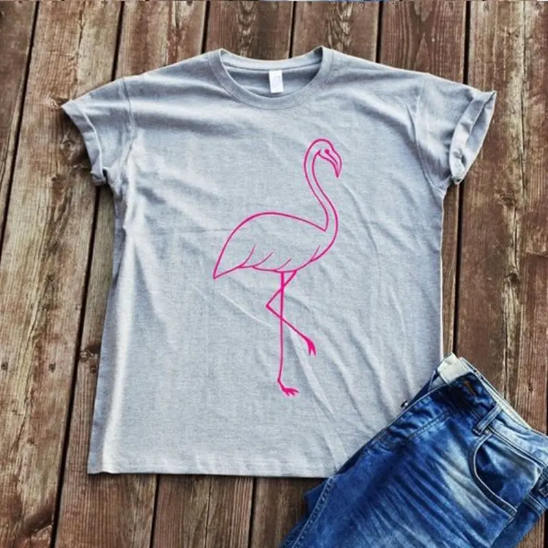 

Women Cute Flamingo Soft Streetwear Tee Cotton Crew Neck Top Trendy Slogan Hipster Ladies Gray Letter Casual T-Shirt