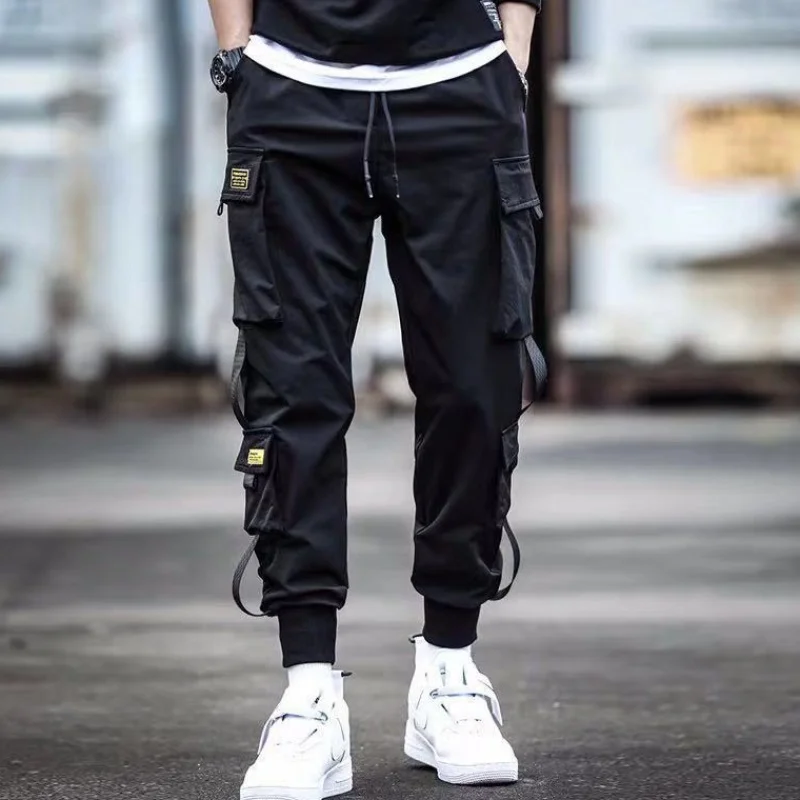 

Men Black Ankle Length Trousers for Male Streetwear Hip Hop Men Military Pants Ribbons Pocket 2021 New Joggers Sweatpants