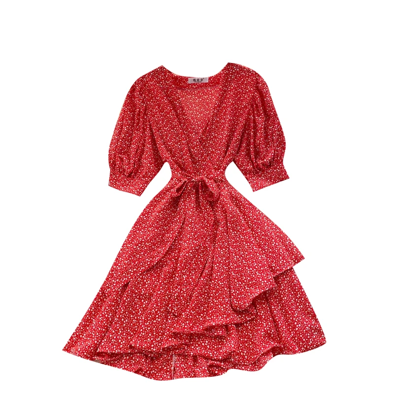 

Fashion holiday style floral print retro one-piece wrap dress Summer Puff Sleeve beach sweet ruffle mini dresses female vestidos