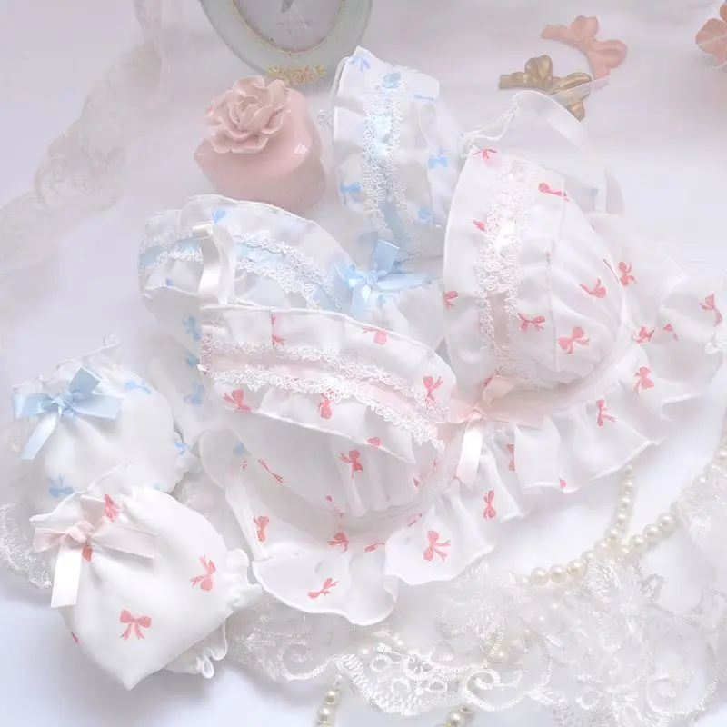 

Japanese Chiffon Embroidery Sweet Intimates Set Small fresh Cute Deep V girls Student Bowknot Underwear Ruffle Bra & Panties Set