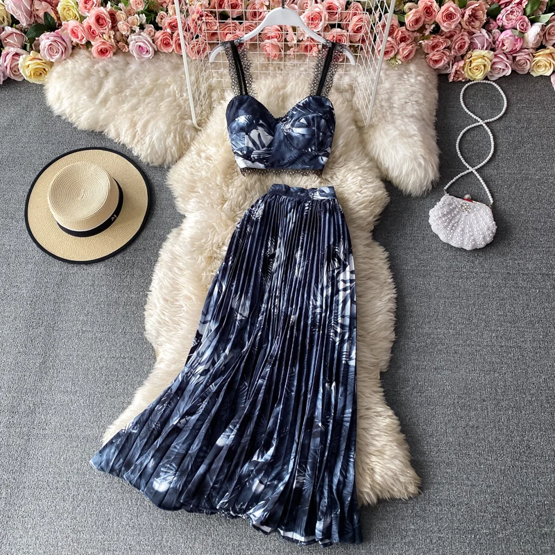 

2pcs Set Suit Bohemian Vacation Beach Women Floral Printed Short Strapless Tops And High Waist Pleated Long Skirt Spring Summer