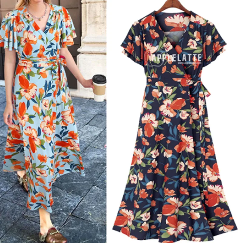 

2021 European Fashion Plus Size Women's Short Sleeve Loose Waist Waistband Printed Long V-neck Dress Summer #8988
