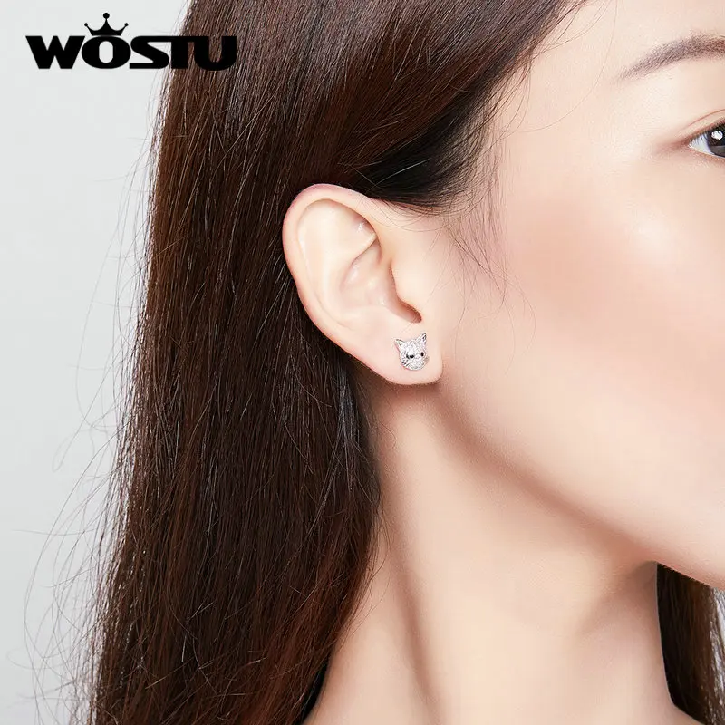 WOSTU, серьги-гвоздики с кошечкой Китти, 925 пробы, серебро, для женщин, циркон, животные, маленькие серьги, подлинные свадебные украшения, FIE751