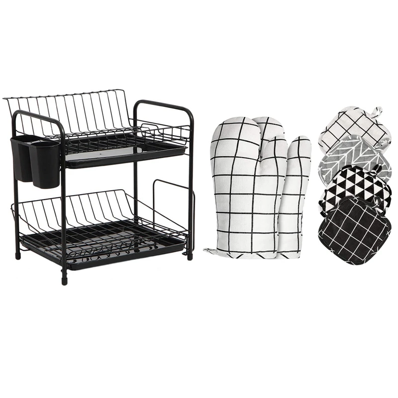 

1 Set 2-Tier Kitchen Organizer Tools Spoon Storage Frame & 1 Pcs Oven Mitts And Pot Holders Kitchen Microwave Mitts