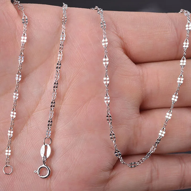 

Solid Real 18K White Gold Necklace Stamp Au750 Luck Clover Chain 18" Women Gift 1.7mmW 1-1.5g