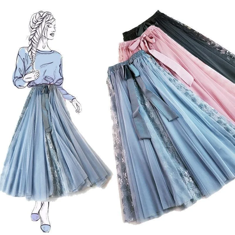

2022 Fashion Patchwork Lace Long Tutu Tulle Maxi Skirts Women Korean Kawaii Bow High Waist Pleated Skirt Female Jupe Femme Y901