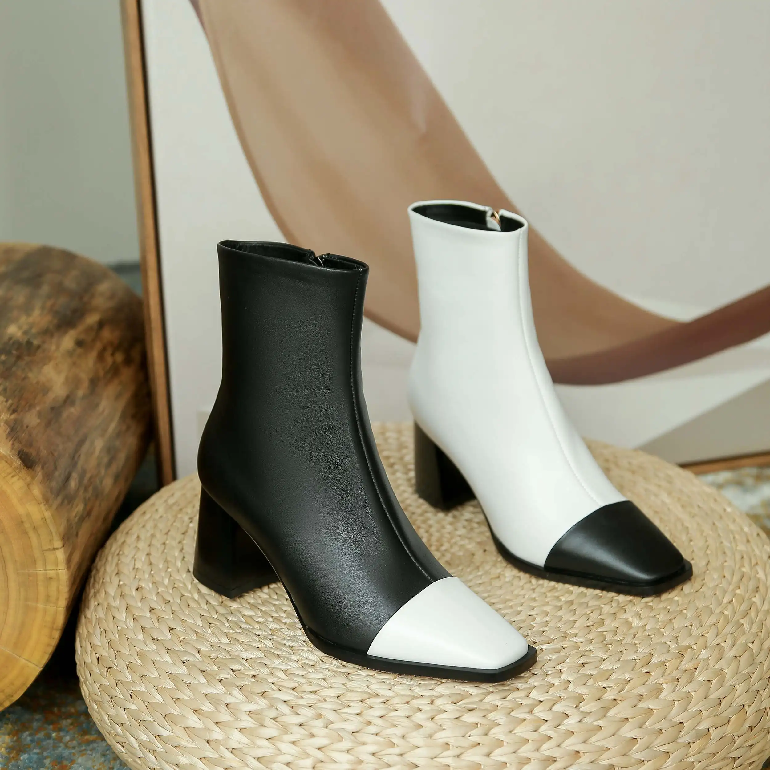 

Krazing pot winter new boots genuine leather mixed color square toe thick high heel zipper handmade elegant lady ankle boots L26