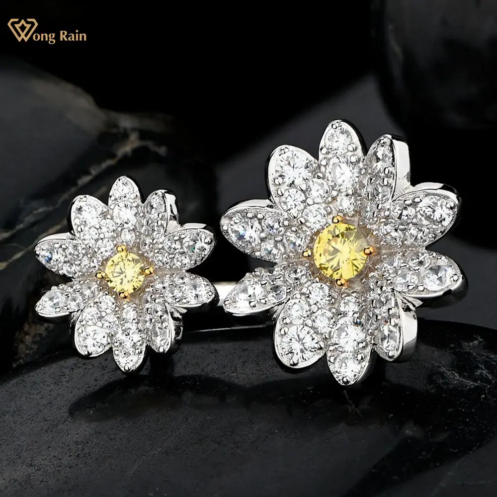 

Wong Rain Romantic 100% 925 Sterling Silver Created Moissanite Citrine Party Daisy Flower Open Ring For Women Fine Jewelry Gift
