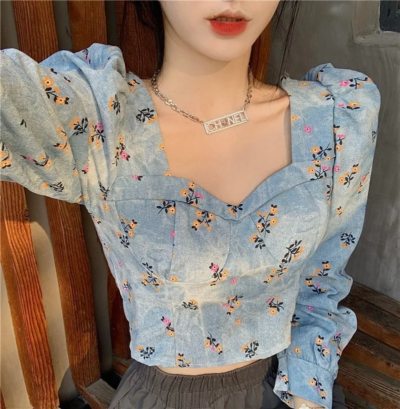

2021 Fall Women Slim Body Long Sleeve Denim T-Shirt New Vintage Print Square Neck Short T Shirt Tops Female Blue New Tops Casual