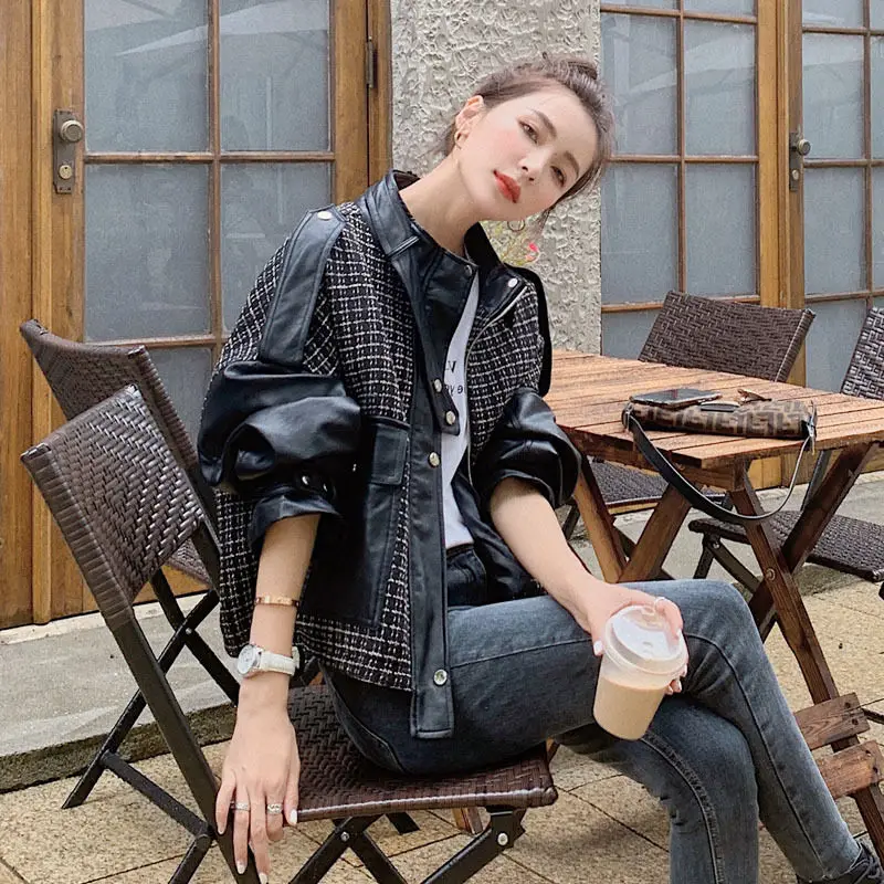 

Spring Autumn Stand Up Collar Motorcycle PU Leather Jacket Women Short Korean Loose Plaid Stitching Leather Streetwear Coat M477