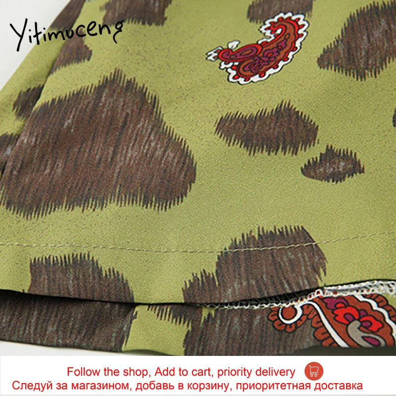 

Yitimuceng Shirt Dresses Women Vintage Leopard Pleated Button Up Summer Notched High Waist Green 2021 Fashion New Sundress