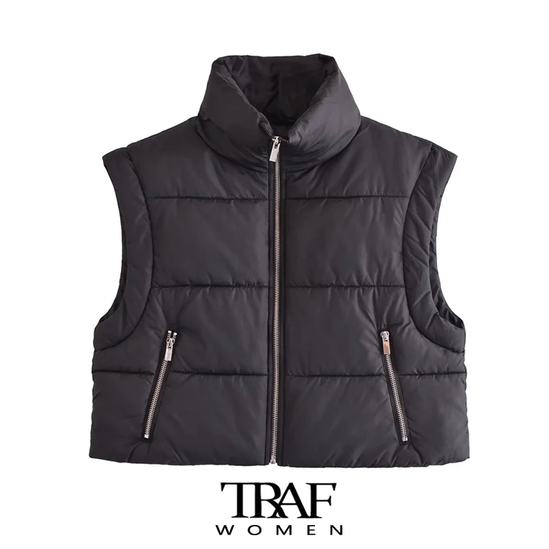 

TRAF Women Fashion Zip Pockets Loose Padded Waistcoat Vintage High Neck Sleeveless Female Outerwear Chic Veste Mujer