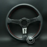 wotefusi 320mm black racing steering wheel genuine leather w horn button red stitch