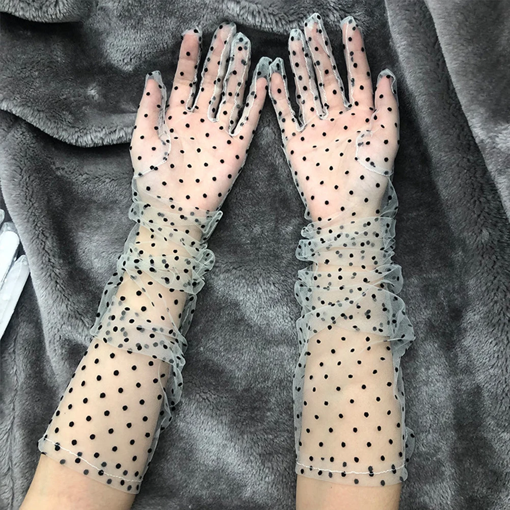 

1pair Women Weeding Lace Spots Short Tulle Gloves Mesh Sun Protection Full Finger Fashion Engagement Stretchy Party Decoration
