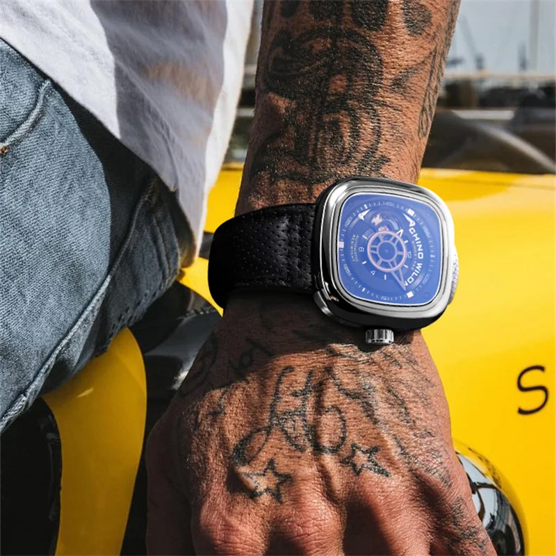 

Transparent Skeleton Watches for Men Self-winding Automatic Wrist watch Neutral Design Square Watches Mechanical Leather Watches