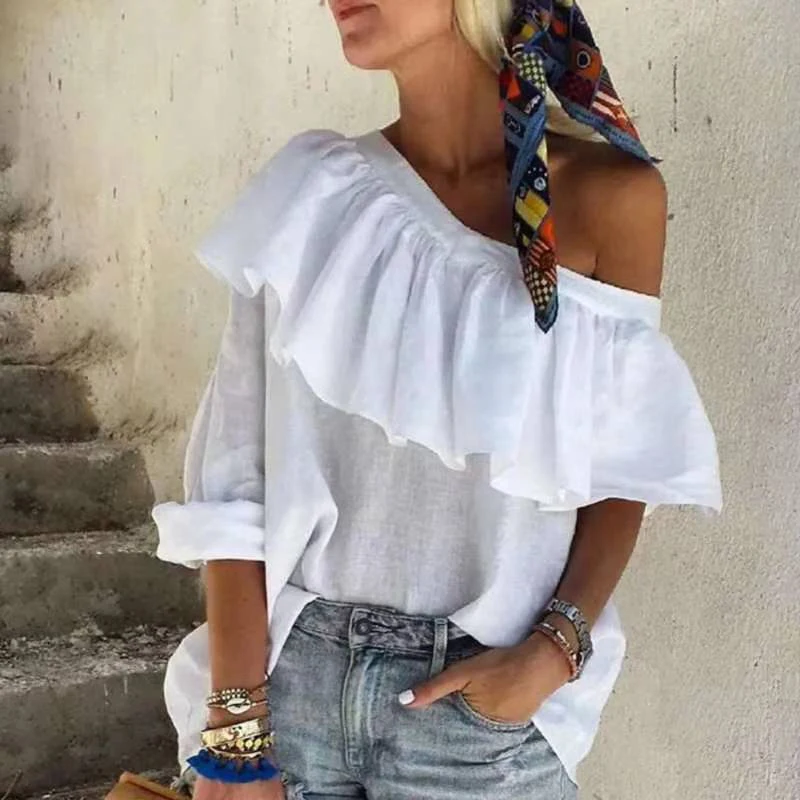 

Elegant Off Shoulder Women Blouses Shirts Sexy Ruffle Short Sleeve Loose Pullover Tops Casual O Neck Solid Blusas Streetwear 2XL
