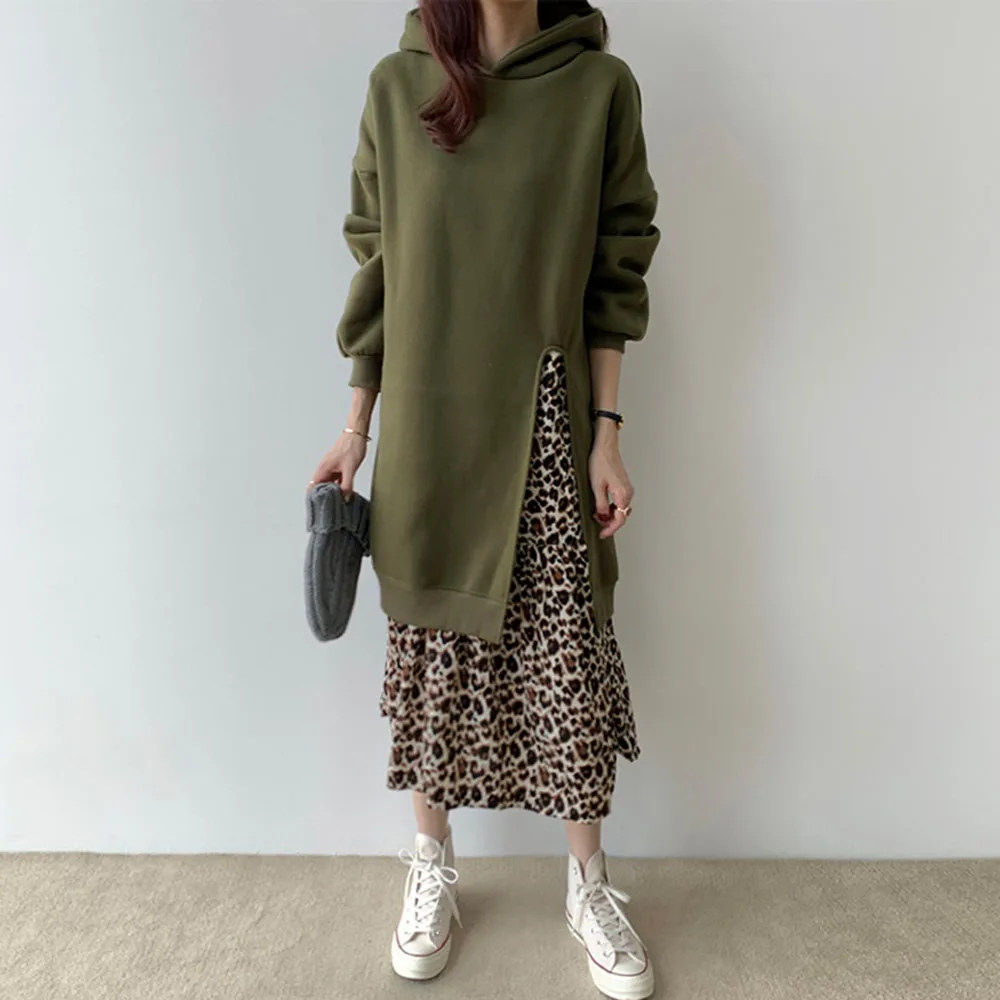 

Hooded Dress Women Chic Fake Two Pieces Fashion Vintage Long Sleeves Autumn Winter Leopard Patchwork Office Lady Female Dress